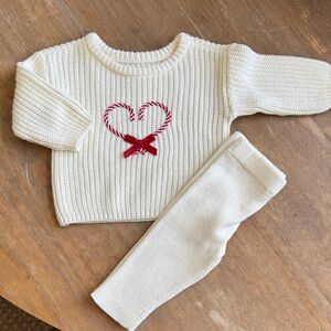 Cream Knit Baby Sweater and Pants Set with Red Heart